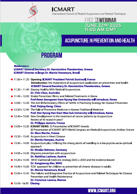 Du betrachtest gerade Webinar ICMART 2025 – Acupuncture in prevention and health